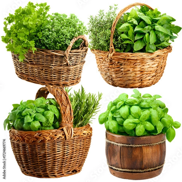 Obraz Fresh Herbs in Wicker Baskets A Collection of Culinary and Aromatic Delights