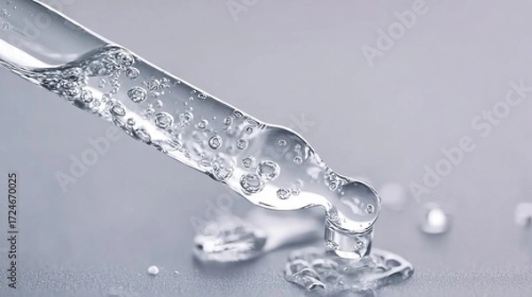 Obraz A close-up of a pipette releasing clear liquid with bubbles, highlighting precision and clarity in a scientific or laboratory setting.