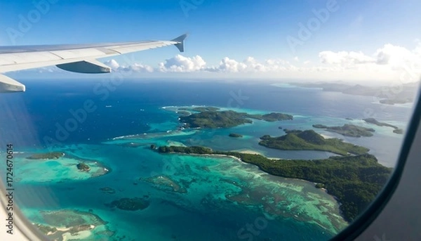 Fototapeta Aerial view of tropical islands from airplane window. Lush green islands dot a vibrant turquoise ocean, framed by a partly cloudy sky. Airplane wing visible at the top