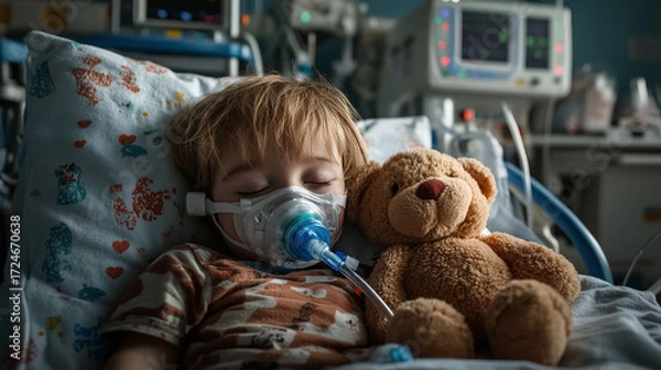 Obraz Small Child Sleeping in Pediatric ICU Bed with Oxygen Mask, Surrounded by Medical Machines and Soft Teddy Bear in a Calm, Comforting Room