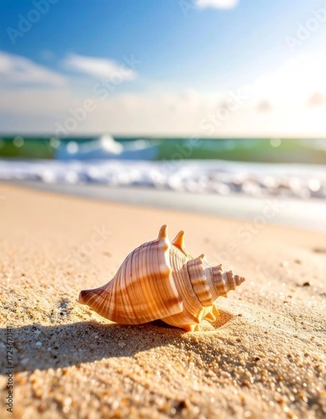 Fototapeta Seashell on golden sand, ocean waves in soft focus