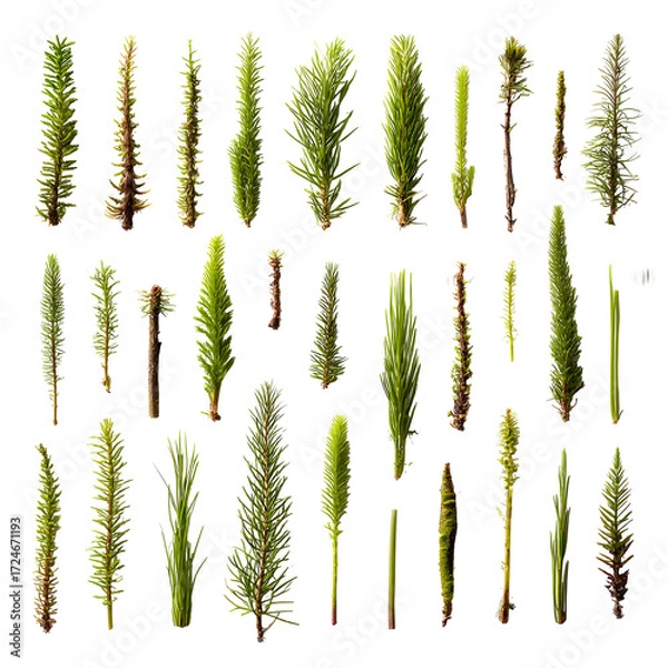Obraz Botanical collection of various lush vertical freshwater plants. An assortment of green stems and foliage isolated on a white background