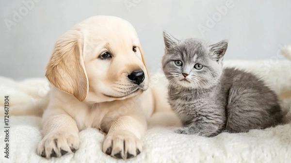 Obraz A fluffy golden puppy and a gray kitten snuggle together on a soft white blanket, exuding cuteness and companionship.