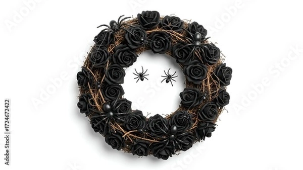 Fototapeta Spooky Black Rose Halloween Wreath with Spiders