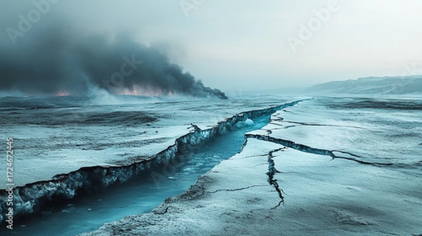Obraz Cracked Melting Arctic Ice Sheet with Blue Water Seeping Through and Smoke Rising from Distant Wildfires Highlighting Environmental Crisis