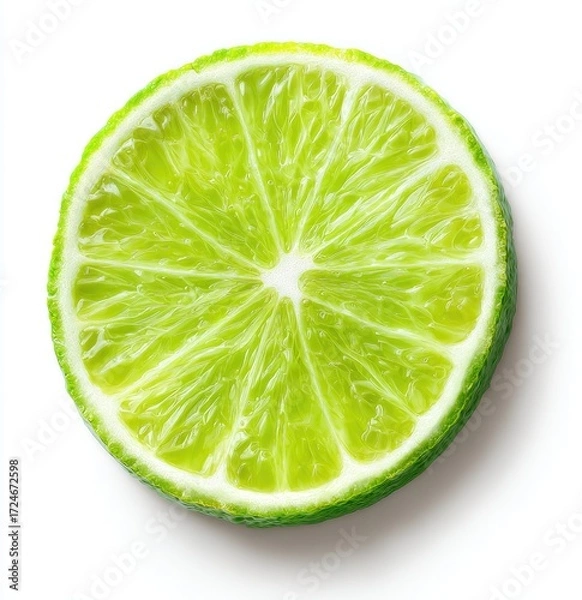 Fototapeta High-angle close-up of a lime slice.  Bright, vibrant green citrus slice, perfectly circular, with a visible interior, radiating segments, and a slightly rough texture on the outer rind.  