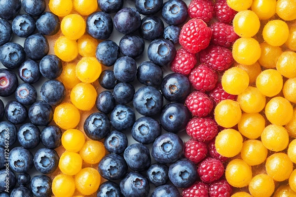 Fototapeta Colorful blueberries, raspberries, and yellow berries arranged in rows create vibrant, fresh, and appetizing fruit background