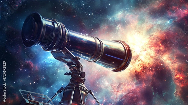 Obraz Telescope on Spaceship Observing Distant Galaxy Amid Colorful Cosmic Phenomena Including Supernovae and Pulsars in Deep Space