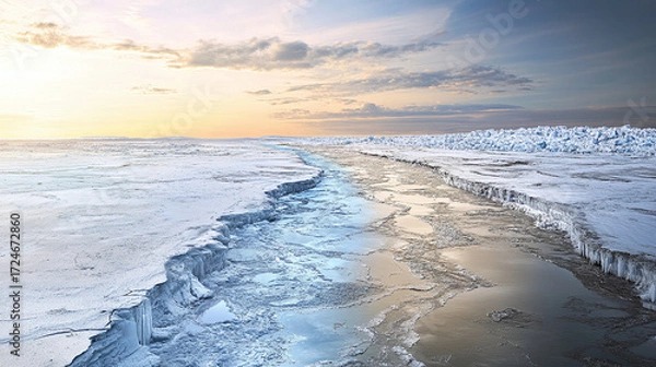 Obraz Time-Lapse Illustration of Pristine Icy Landscape Transforming into Barren Thawing Expanse with Rivers Flowing Over Exposed Ground