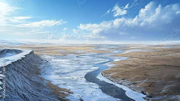 Obraz Time-Lapse Illustration of Pristine Icy Landscape Transforming into Barren Thawing Expanse with Rivers Flowing Over Exposed Ground