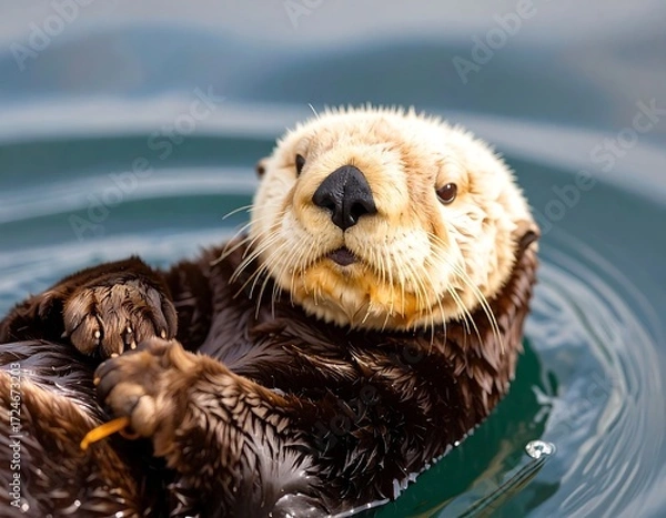Fototapeta Close-up of a sea otter floating on water