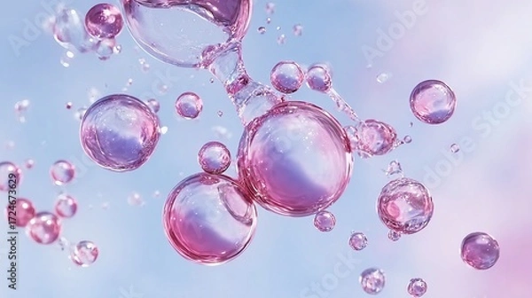 Obraz A close-up view of translucent pink and purple bubbles floating against a soft gradient background, capturing the delicate interplay of light and liquid.