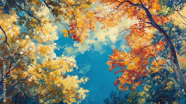 Obraz Vibrant Autumn Forest Canopy with Golden, Orange, and Red Leaves Set Against a Crisp Blue Sky in a Stunning Seasonal Landscape