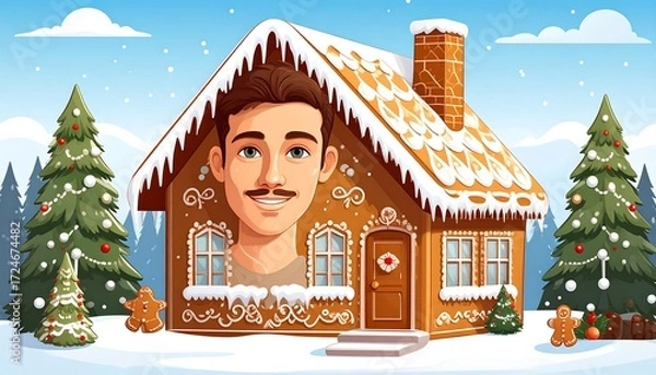 Fototapeta A man's face seamlessly integrated into a gingerbread house, nestled amongst Christmas trees. Festive scene with snow and gingerbread cookies