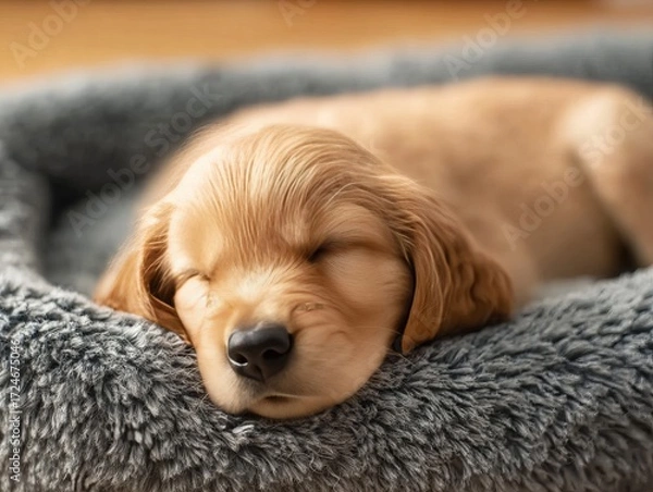 Obraz Adorable Golden Retriever Puppy Sleeping Peacefully in a Soft Gray Bed