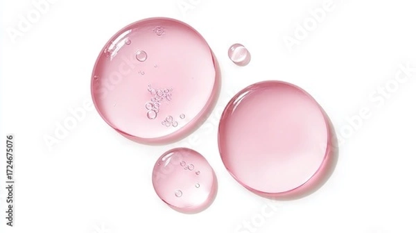 Obraz Close-up of translucent pink gel droplets with air bubbles, set against a clean white background.