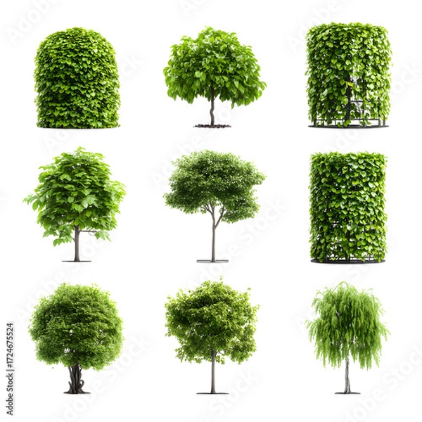 Obraz Diverse Collection of Nine Lush Green Trees, Showcasing Varied Shapes and Textures on a White Background