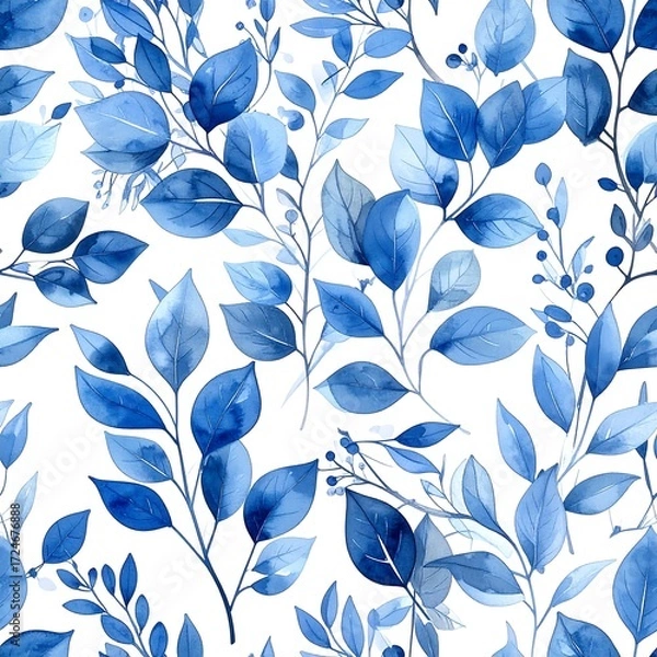 Fototapeta Delicate, vibrant blue leaves and branches pattern on white background. Watercolor style