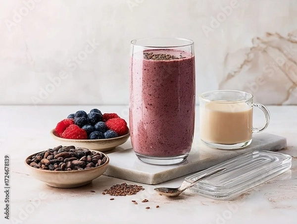 Obraz A vibrant berry smoothie with chia seeds, accompanied by fresh berries, cocoa beans, and a side of milk on a minimalist white surface.