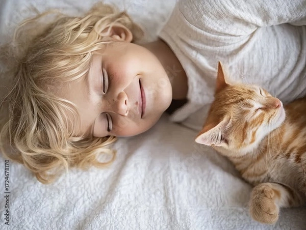 Obraz A serene moment of a child peacefully sleeping alongside a relaxed orange tabby cat on a soft white blanket.