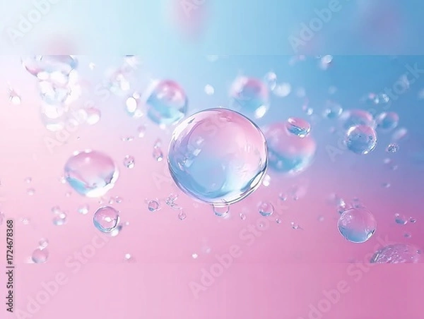 Obraz A serene gradient of soft pink and blue hues adorned with glistening water bubbles, creating a tranquil and ethereal atmosphere.