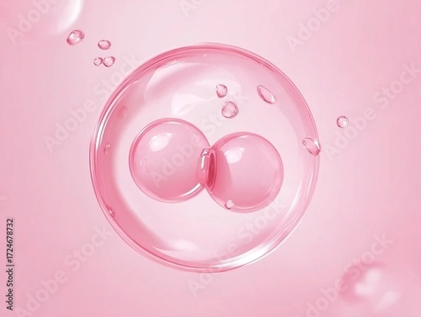 Obraz A close-up view of two translucent, spherical objects with a soft pink hue, surrounded by smaller bubbles against a gradient pink background.
