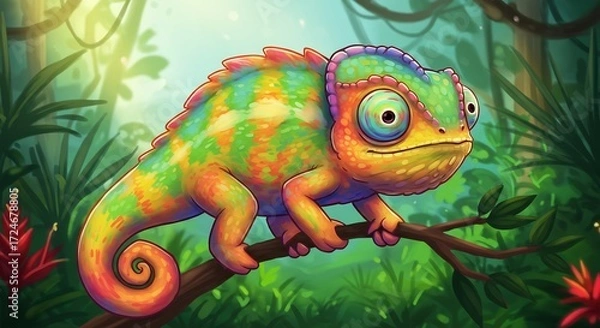 Fototapeta Kleurrijke kameleon rust zacht op tak tropisch woud. AI Generated