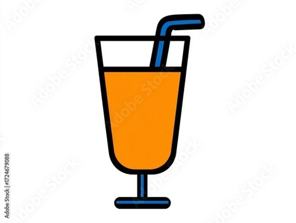 Obraz A stylized illustration of a glass filled with orange-colored liquid and a blue straw, depicted in a simple and modern graphic design style.