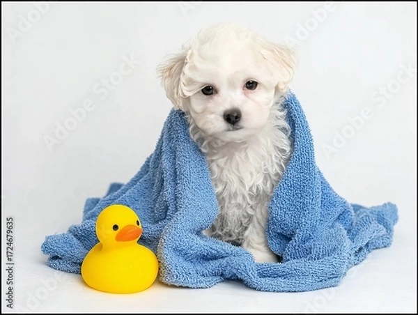 Obraz A fluffy white puppy wrapped in a blue towel sits beside a bright yellow rubber duck against a clean white background.