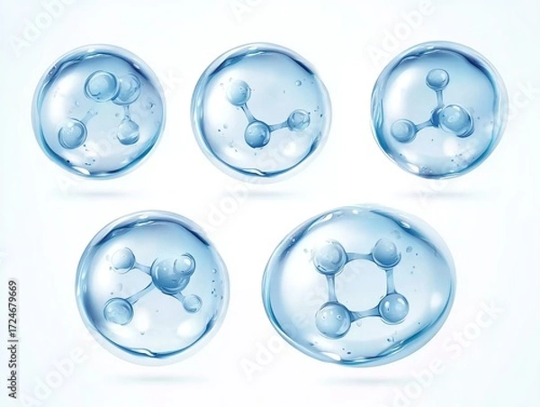 Obraz Six translucent blue water droplets, each containing a distinct molecular structure, set against a clean white background.