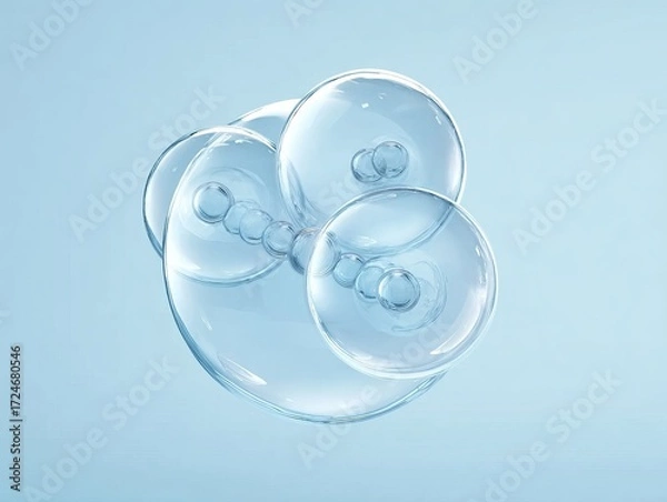 Obraz A cluster of translucent, interconnected spheres with smaller embedded spheres, set against a soft blue background, evoking a sense of molecular or cellular structure.
