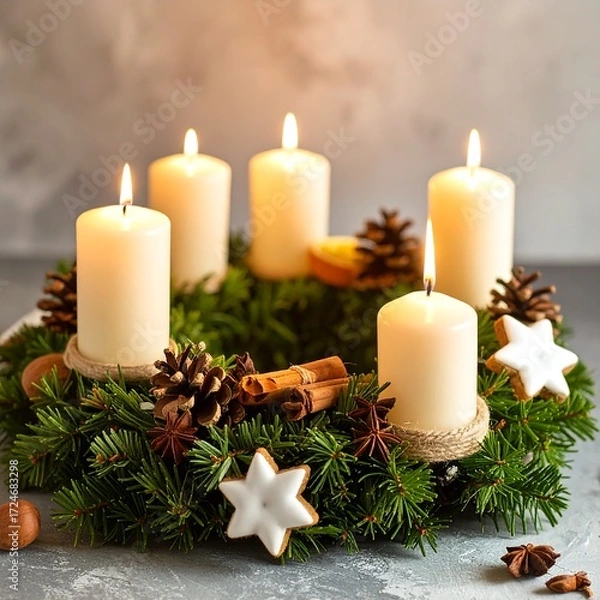 Fototapeta Christmas Advent wreath with lit candles