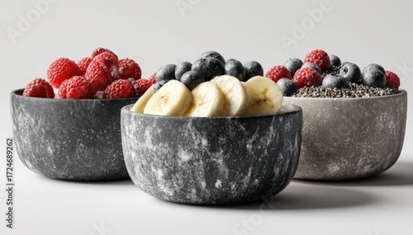 Fototapeta Three bowls of healthy breakfast parfaits.  Each bowl, featuring a speckled, grey-black surface, is filled with a different fruit combination raspberries, blueberries, and bananas.