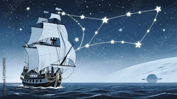 Fototapeta Majestic tall ship sails across a starry night ocean towards a glowing planet, guided by a luminous constellation in a breathtaking cosmic voyage.