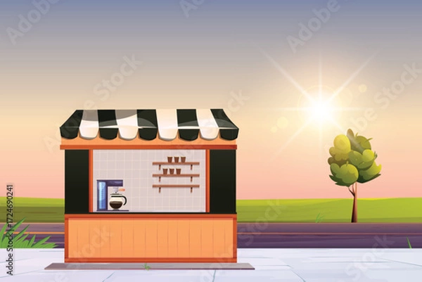 Obraz Illustration of a coffee shop with a sign and a drink machine