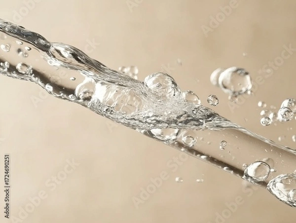 Obraz A close-up view of a dynamic water stream with bubbles, showcasing the clarity and movement of liquid against a neutral background.