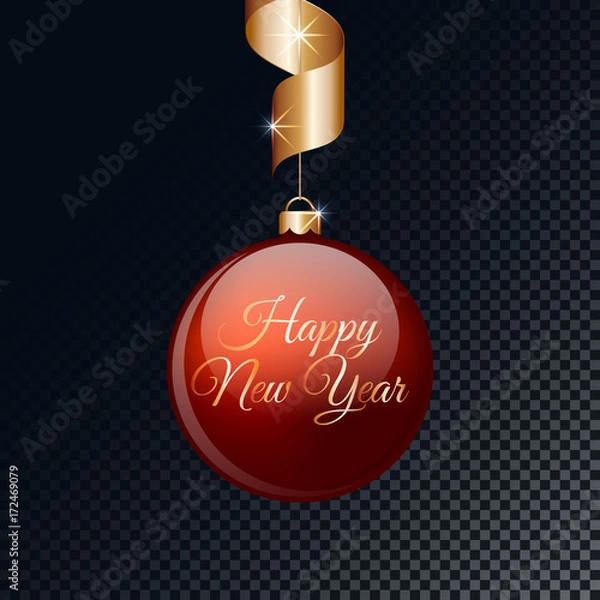 Obraz Happy New Year red ball with gold ribbon. Vector illustration.
