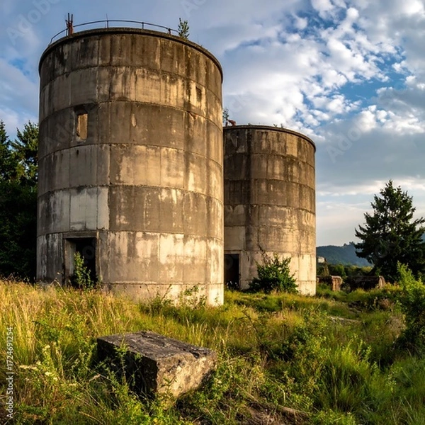 Fototapeta Two weathered concrete silos stand in a grassy field under a partly cloudy sky