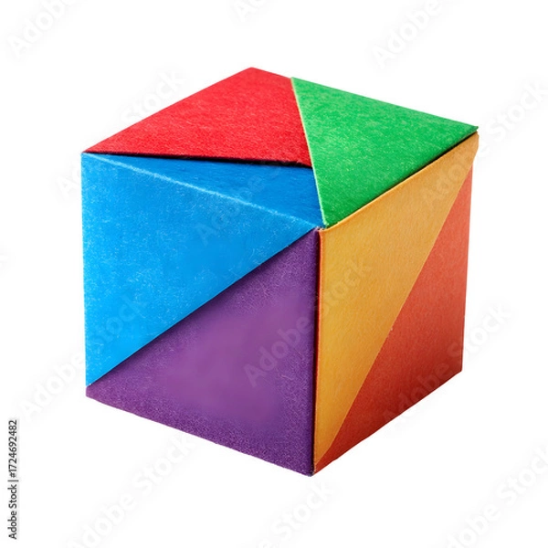 Obraz Colorful geometric origami cube created from folded paper, isolated on a white background, showcasing vibrant hues of red, green, yellow, blue, and purple
