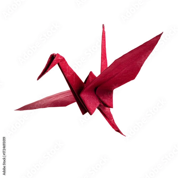 Fototapeta Elegant red origami paper crane, meticulously folded into a beautiful geometric bird, isolated on a clean white background, symbolizing peace and longevity