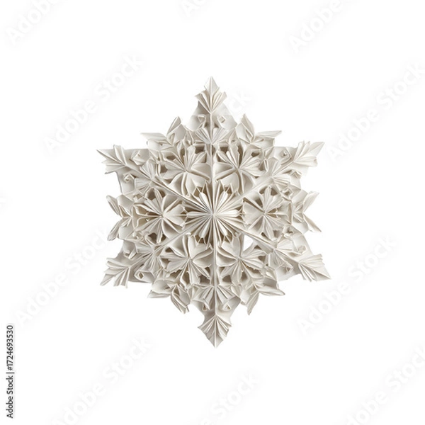 Fototapeta Origami geometric polygonal snowflake isolated on a white background, showcasing intricate paper art and winter decoration. Perfect for holiday designs and festive themes
