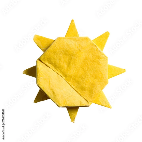 Fototapeta Vibrant yellow origami sun, meticulously folded paper craft, isolated on white. Geometric and polygonal design symbolizing warmth, light, and creative precision