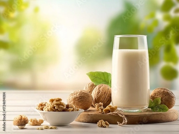 Obraz A glass of creamy milk sits alongside a bowl of walnuts and whole nuts on a wooden board, set against a soft, natural outdoor backdrop.