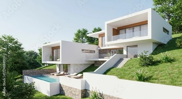 Fototapeta Modern white house with pool built into a grassy hillside on a clear sunny day