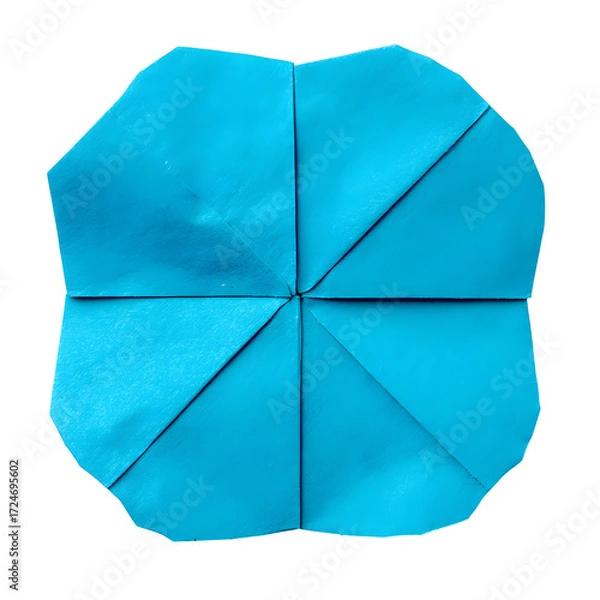 Fototapeta Vivid blue folded paper art piece featuring intricate geometric patterns and radial symmetry, an elegant origami creation isolated on a pristine white background