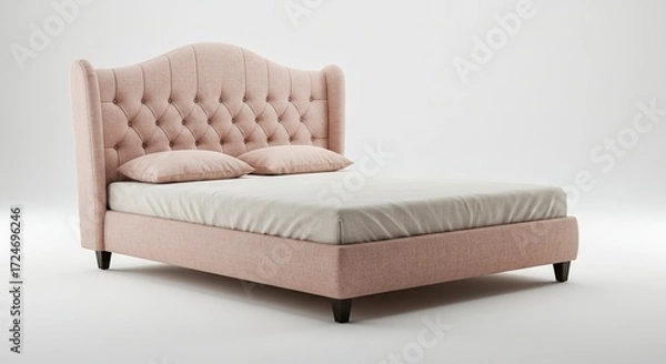 Fototapeta Tufted headboard bed with pink fabric beige sheet  two pillows on a white background