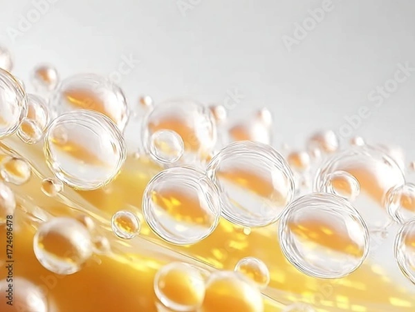 Obraz Close-up of translucent bubbles suspended in a golden liquid, showcasing intricate reflections and refractions.