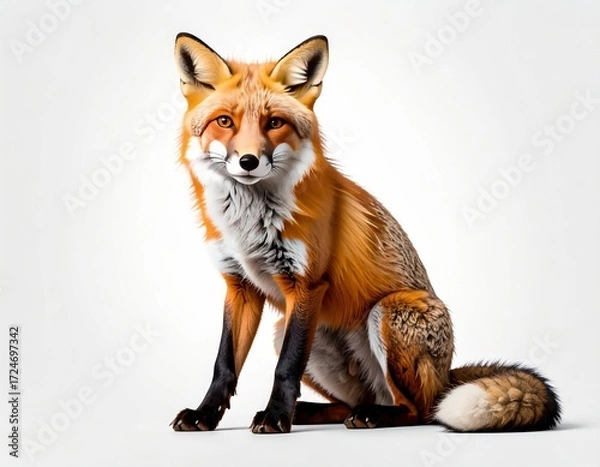 Fototapeta Captivating red fox with a bushy tail and white chest, gracefully sits against a plain white background, gazing directly at the viewer