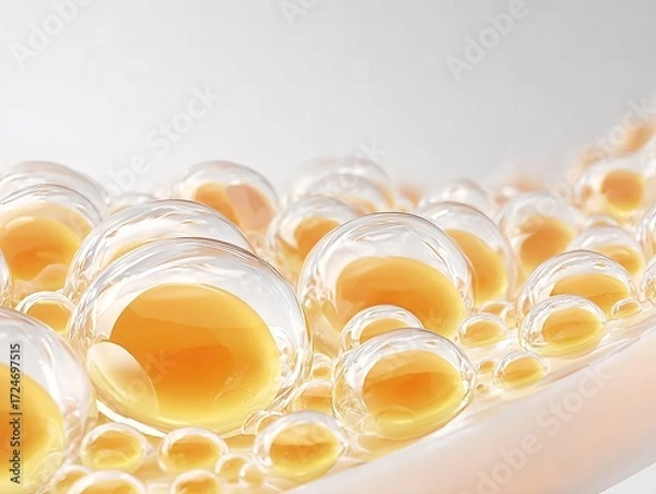 Obraz Close-up of translucent bubbles filled with a golden liquid, creating a visually striking and dynamic composition.