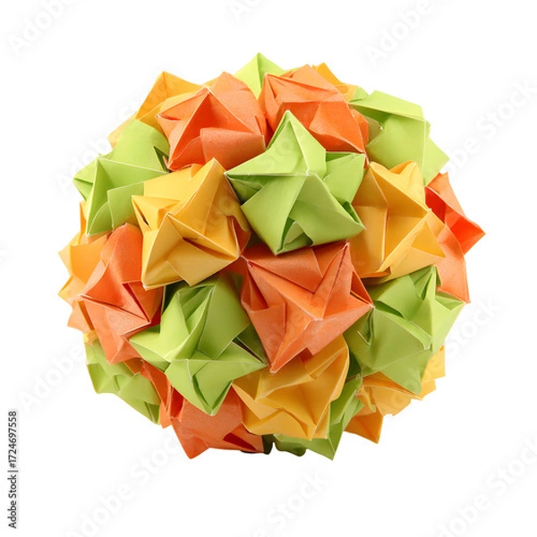 Fototapeta Colorful modular origami sphere crafted from geometric interlocking star units. Intricate papercraft art isolated on a pure white background